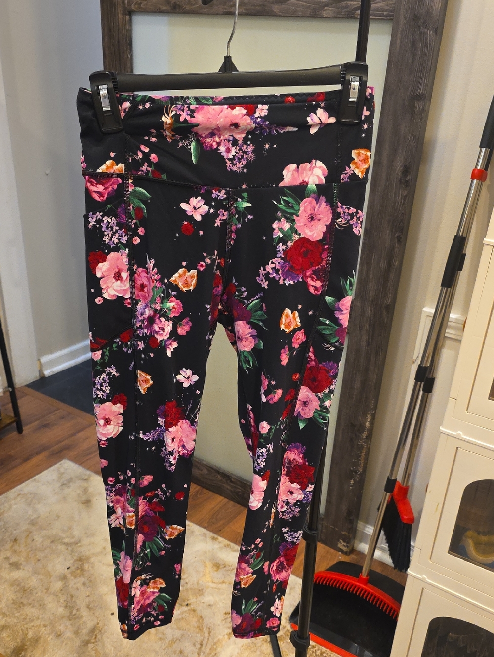 Victoria's Secret Black Leggings with Purple, Pink & Green Floral Print